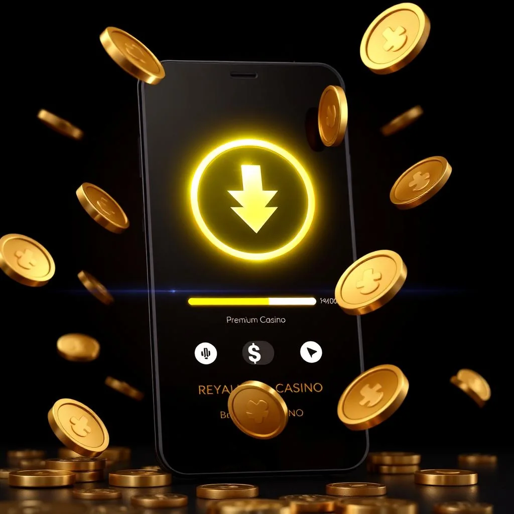 Luxury smartphone with a glowing gold APK download icon and floating gold coins on a dark background — Royal X Casino APK