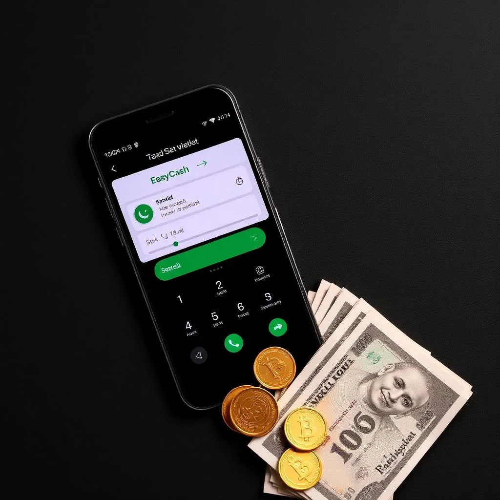 Smartphone with JazzCash and EasyPaisa apps next to Pakistani rupee notes and gold coins