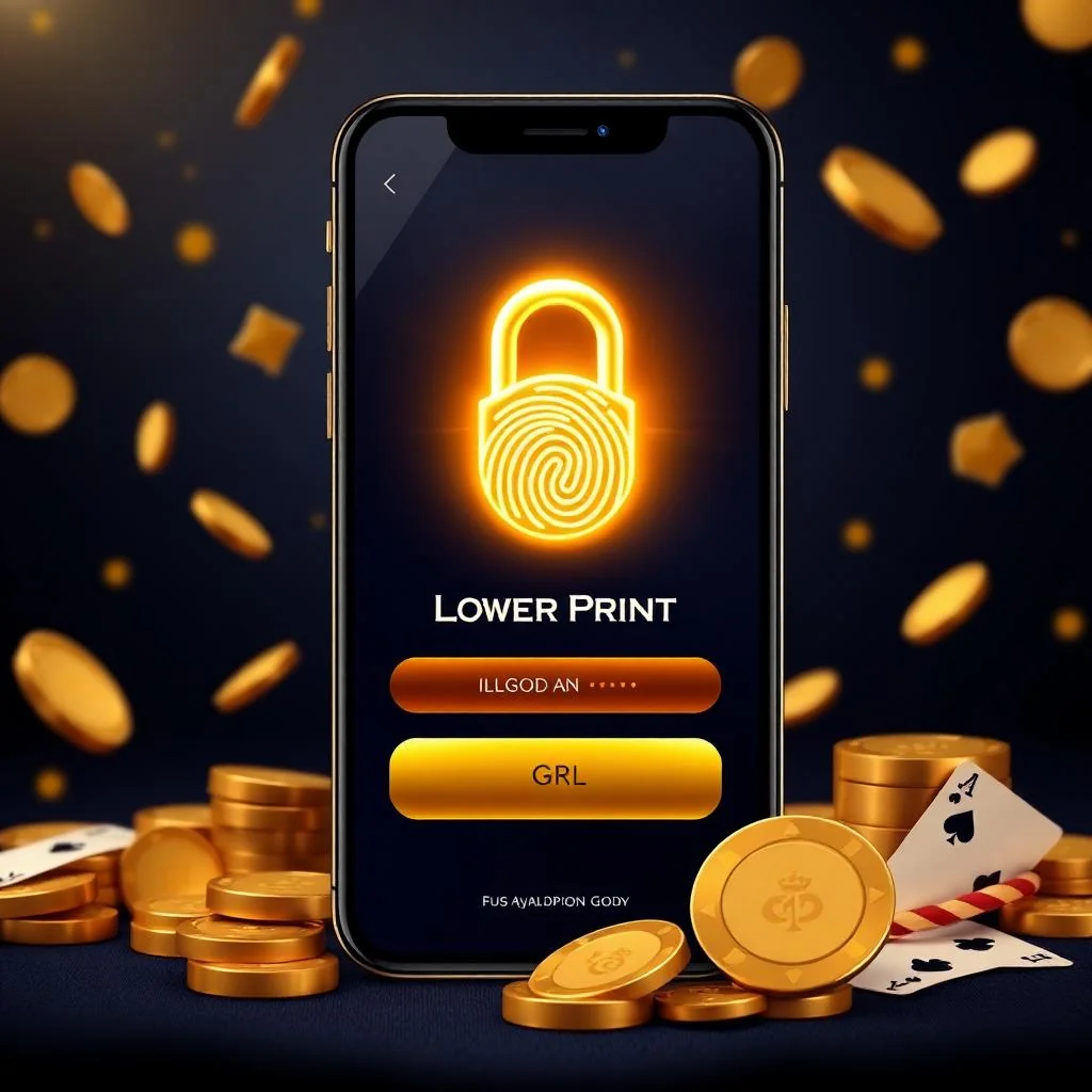 Luxury casino login screen with glowing gold fingerprint icon, dark navy background and gold coins around it