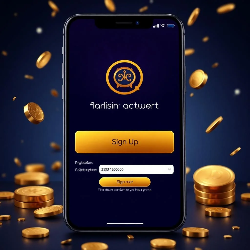 Luxury casino registration screen with gold Sign Up button and mobile phone form on dark navy background