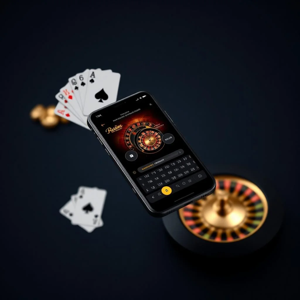 Royal X Casino app running on a smartphone with roulette wheel and playing cards in a dark navy scene